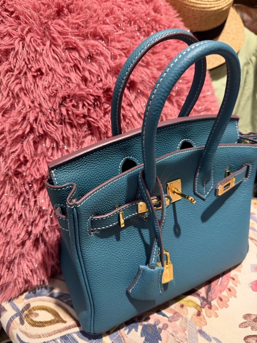 Structured Leather Tote Bag in Royal Blue with Gold Hardware - Picture 3 of 8